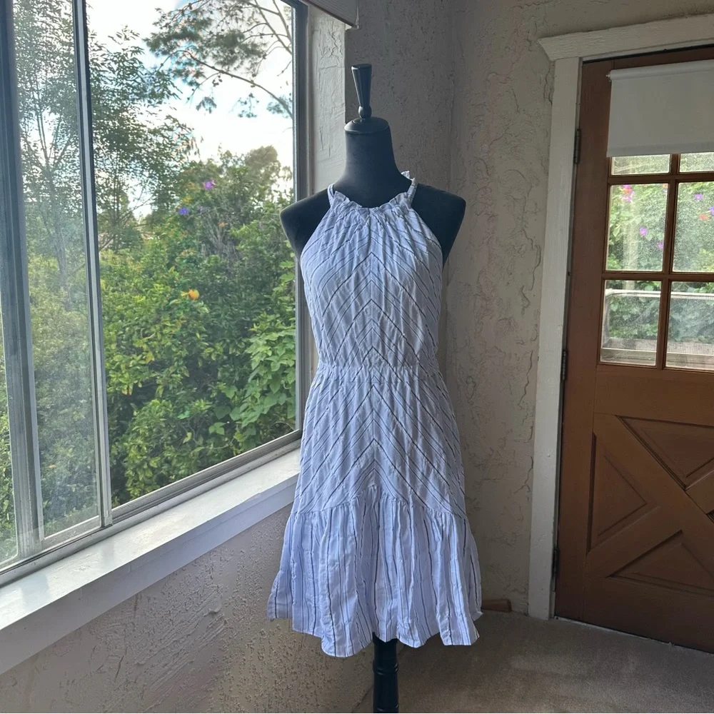 NWT Rebecca Taylor Striped Linen Halter Neck Size S Blue & White Mid Thigh Dress - Picture 6 of 16